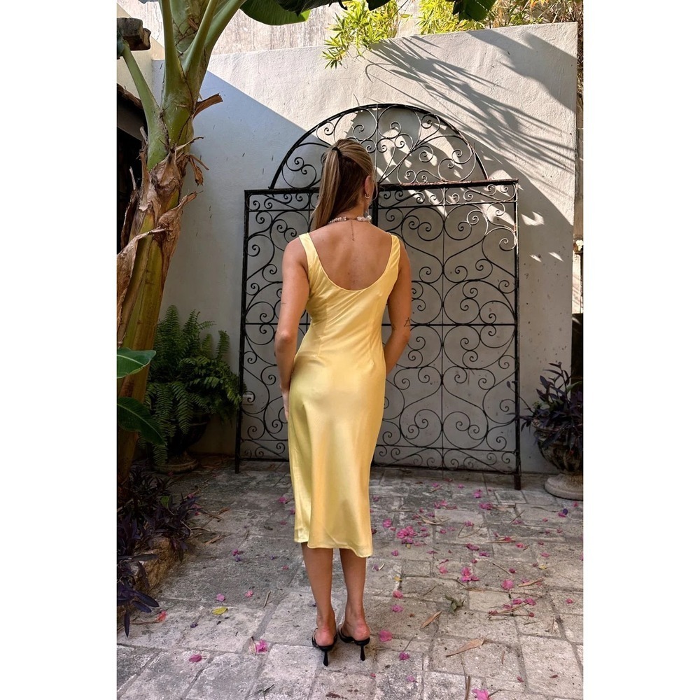 12th Tribe Daphne Yellow Satin Midi Dress Cutout Front Tie M NWT - Picture 2 of 9